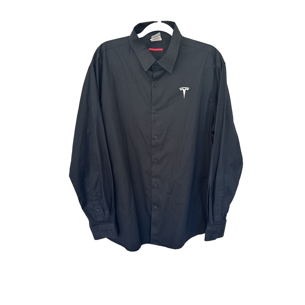 Tesla EV Men's Poplin Button Down Dress Shirt Black Embroidered Logo Size XL